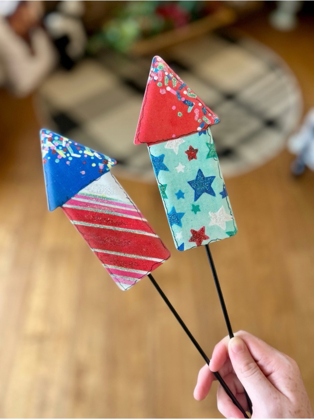 Festive Red and Blue Metal Set of 2 Rocket Outdoor Stakes